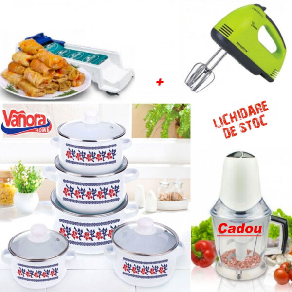 Set 10 Piese Oale si Cratite cu capace, Vanora + Mixer electric 7 viteze, 4 palete + Aparat de facut sarmale + CADOU Amazin Chopper, tocator multifunctional pentru bucatarie