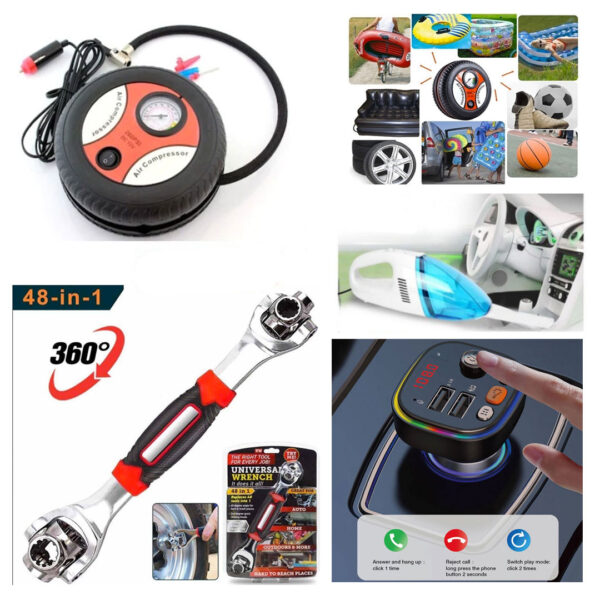 Pachet Auto 4 Produse: Compresor aer + Cheie universala cu 48 functii Universal Wrench + FM Bigshot C20, Bluetooth, lumina ambientala + Cadou Aspirator Vacuum Cleaner!