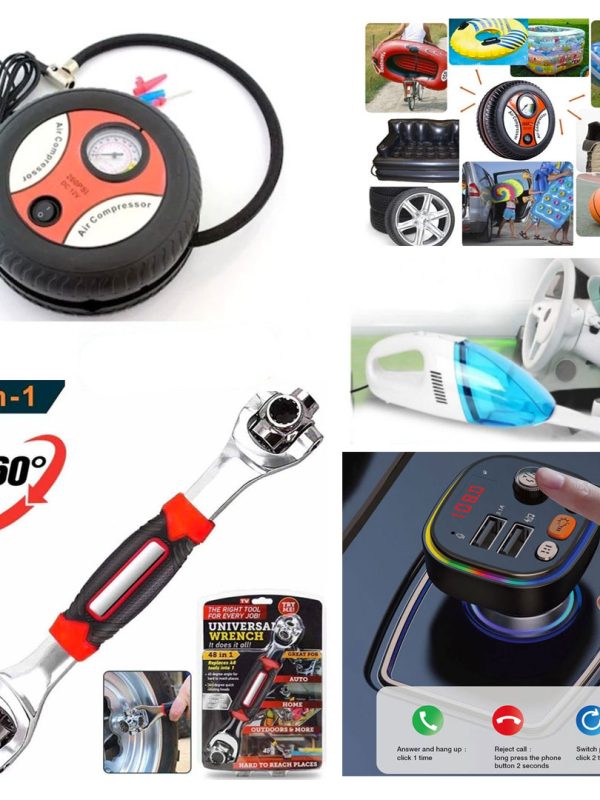 Pachet Auto 4 Produse: Compresor aer + Cheie universala cu 48 functii Universal Wrench + FM Bigshot C20, Bluetooth, lumina ambientala + Cadou Aspirator Vacuum Cleaner!