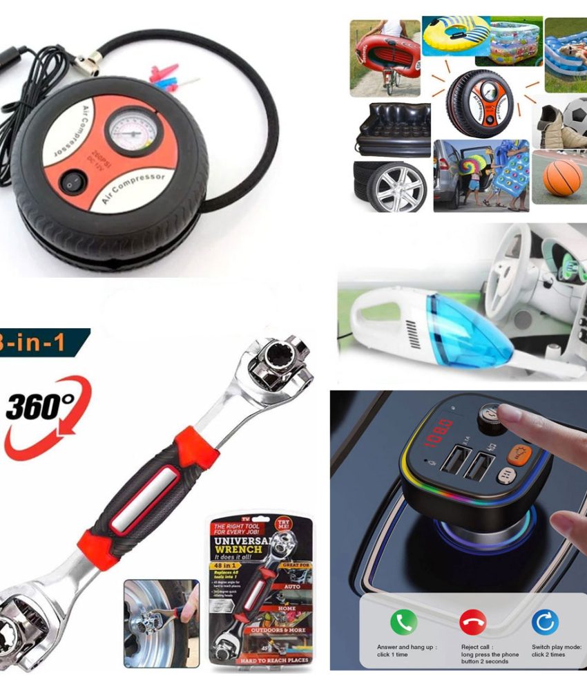 Pachet Auto 4 Produse: Compresor aer + Cheie universala cu 48 functii Universal Wrench + FM Bigshot C20, Bluetooth, lumina ambientala + Cadou Aspirator Vacuum Cleaner!