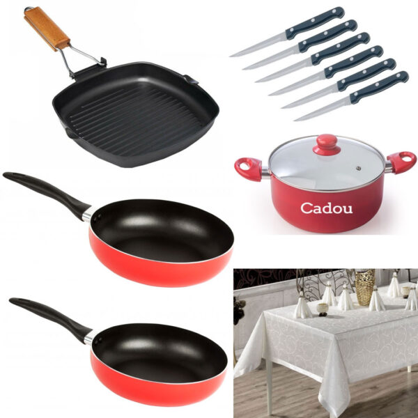 Pachet Mixt Bucatarie: Set 2 Tigai teflon + 1 Tigaie grill + Set 6 Cutite friptura + Fata de masa 150/220 cm Model Clasic + Cadou 1 Cratita cu capac!