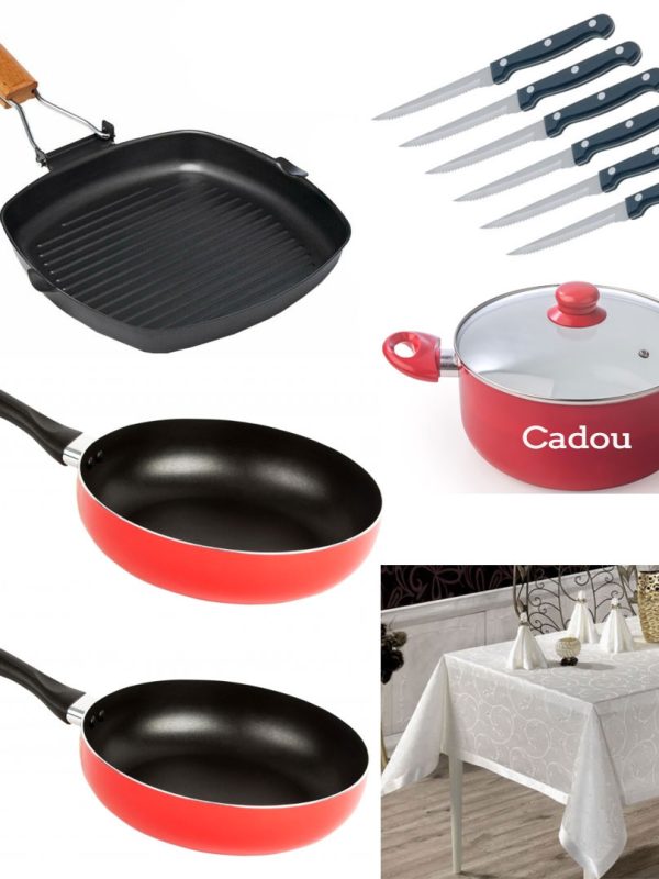 Pachet Mixt Bucatarie: Set 2 Tigai teflon + 1 Tigaie grill + Set 6 Cutite friptura + Fata de masa 150/220 cm Model Clasic + Cadou 1 Cratita cu capac!