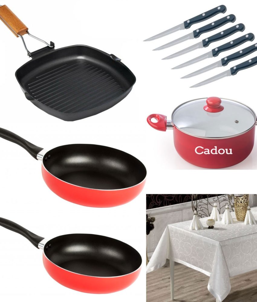 Pachet Mixt Bucatarie: Set 2 Tigai teflon + 1 Tigaie grill + Set 6 Cutite friptura + Fata de masa 150/220 cm Model Clasic + Cadou 1 Cratita cu capac!