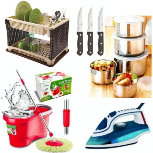 Mop rotativ cu galeata Easy Clean + Fier de Calcat cu Aburi + Suport de vase etajat + Set 10 piese vase inox cu capace + Cadou Set 3 cutite friptura!