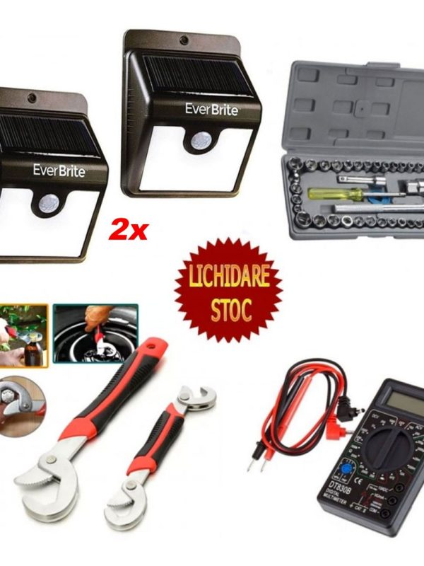 Trusa 40 Chei cu Clichet Reversibil inclus + Set 2 Chei Snap n Grip + 2 Becuri cu Senzor si Incarcare Solara + CADOU un Multimetru!