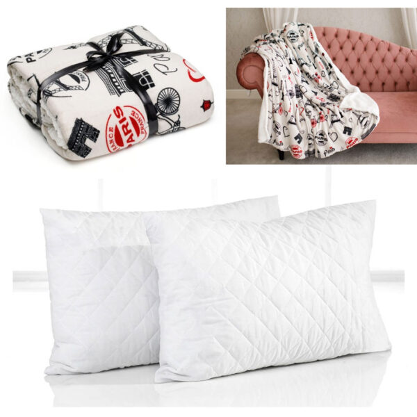 Patura pufoasa si calduroasa cu blanita Paris City + Set 2 Perne matlasate Hypo-Alergice 50x70cm