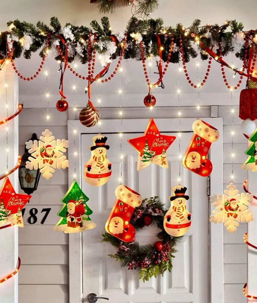 Perdea luminoasa Craciun cu stelute si figurine, 4m, 10 figurine, S-34, lumina alba calda