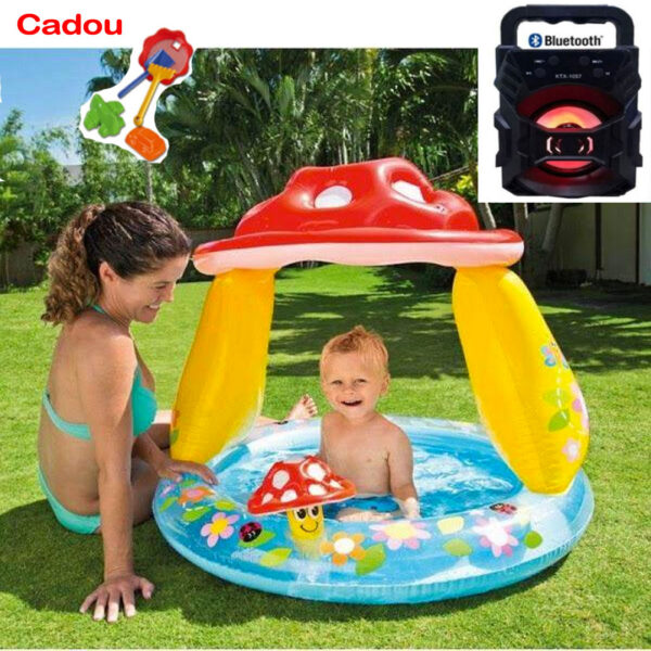 Piscina gonflabila Intex Baby Ciupercuta, 102x89cm + Boxa portabila bluetooth, leduri, suport pentru MP3/WMA in USB/TF CARD/MIC + Cadou set jucarii nisip