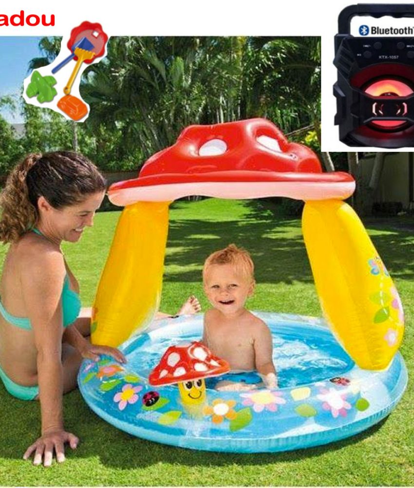 Piscina gonflabila Intex Baby Ciupercuta, 102x89cm + Boxa portabila bluetooth, leduri, suport pentru MP3/WMA in USB/TF CARD/MIC + Cadou set jucarii nisip