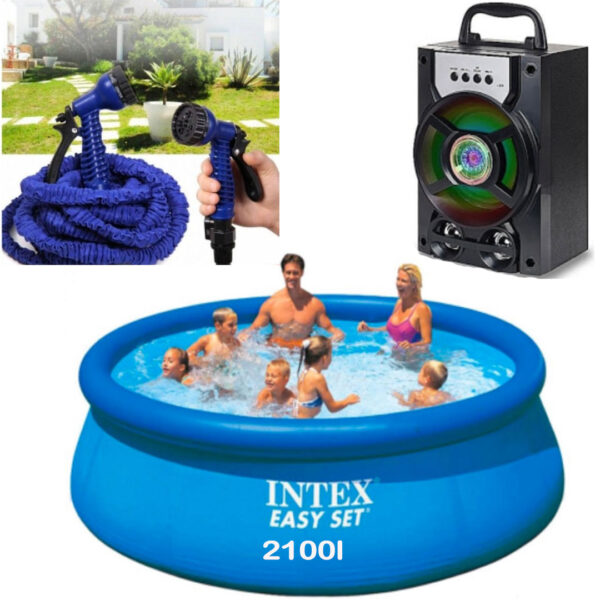 Piscina gonflabila, rotunda, BestWay FastSet, 244 x 61 cm, 1880 L + Furtun extensibil Magic Hose 45m + Cadou Boxa portabila cu bluetooth, Radio, Usb, Card, Leduri!