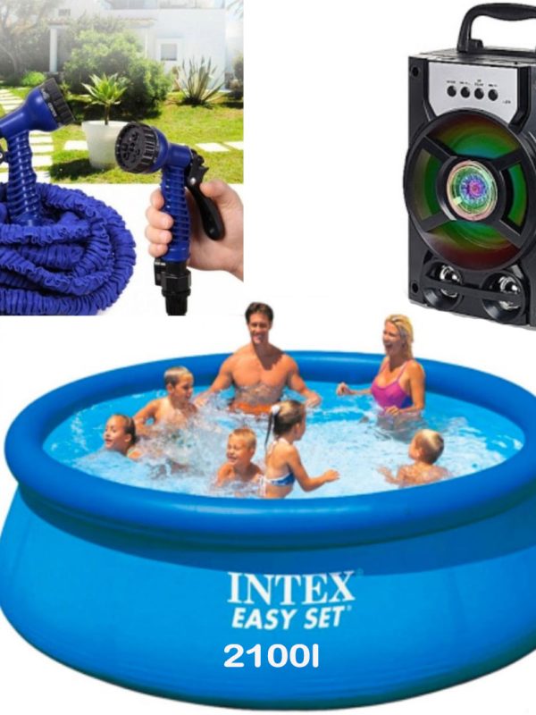 Piscina gonflabila, rotunda, BestWay FastSet, 244 x 61 cm, 1880 L + Furtun extensibil Magic Hose 45m + Cadou Boxa portabila cu bluetooth, Radio, Usb, Card, Leduri!