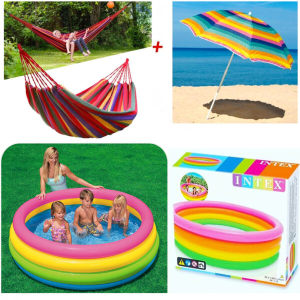 Piscina gonflabila Intex Sunset Glow 780l, diametru 1,68m, 4 inele + Hamac columbian din in 80x200 cm, multicolor + Umbrela de Plaja, diametru 1,5m!