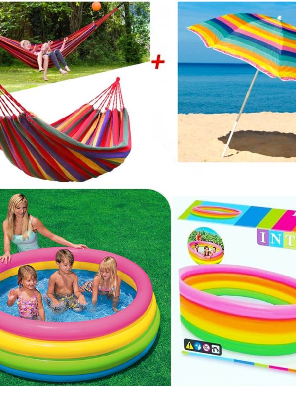 Piscina gonflabila Intex Sunset Glow 780l, diametru 1,68m, 4 inele + Hamac columbian din in 80x200 cm, multicolor + Umbrela de Plaja, diametru 1,5m!
