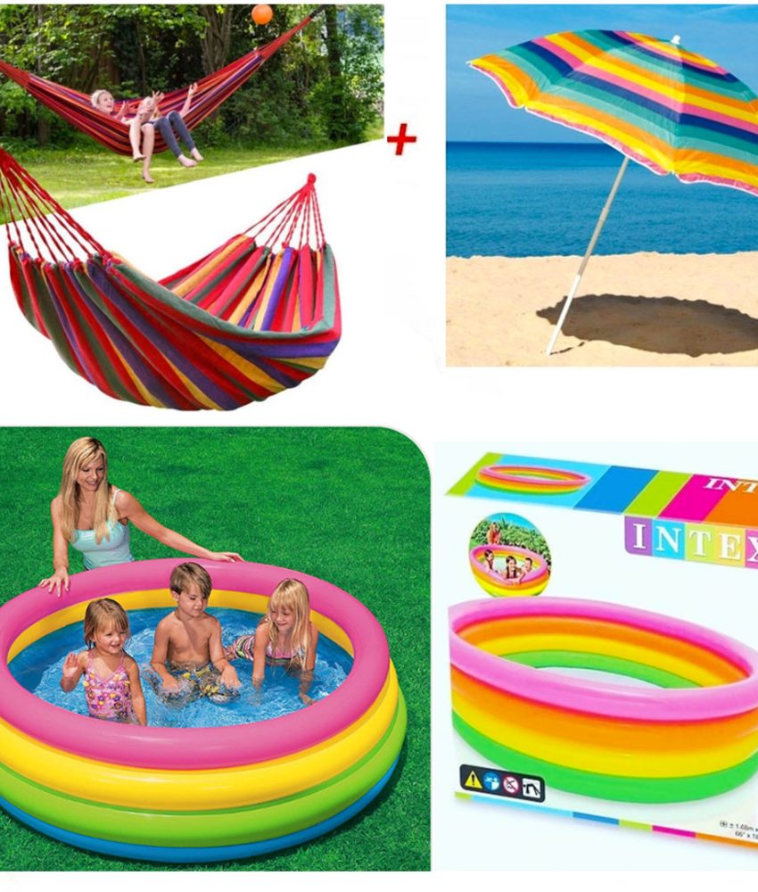 Piscina gonflabila Intex Sunset Glow 780l, diametru 1,68m, 4 inele + Hamac columbian din in 80x200 cm, multicolor + Umbrela de Plaja, diametru 1,5m!