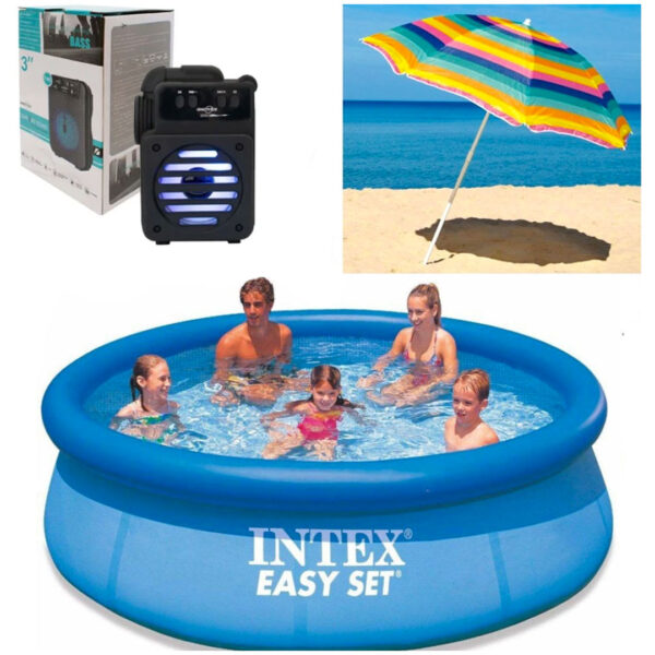Piscina gonflabila, rotunda, BestWay FastSet, 244 x 61 cm, 1880 L+ Boxa portabila cu Bluetooth + Umbrela de plaja, 1,5m