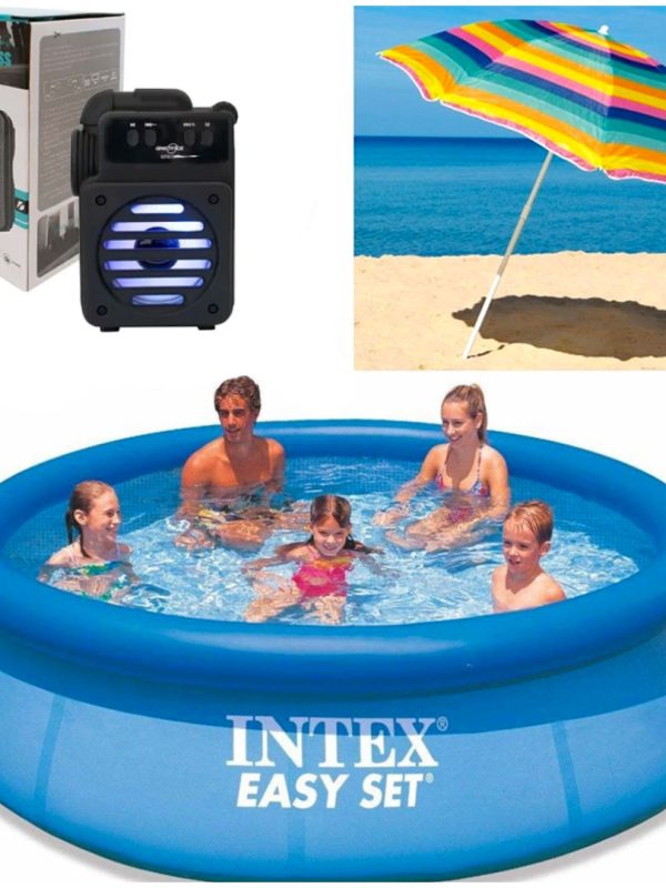Piscina gonflabila, rotunda, BestWay FastSet, 244 x 61 cm, 1880 L+ Boxa portabila cu Bluetooth + Umbrela de plaja, 1,5m