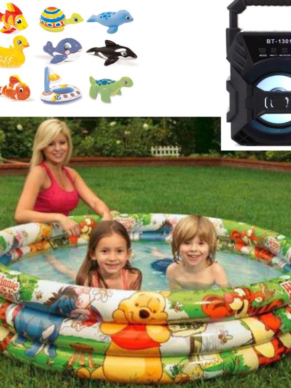 Piscina gonflabila pentru Copii Intex Winnie the Pooh/Fishbowl, diametru 132 cm + Kit de Reparatie + Boxa portabila bluetooth cu leduri + Cadou jucarie gonflabila