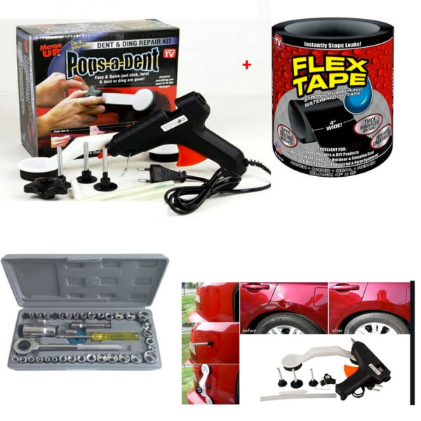 Kit Reparatii auto POPS A DENT pentru indreptarea caroseriei + Banda adeziva Flex Tape + Trusa 40 de chei tubulare!