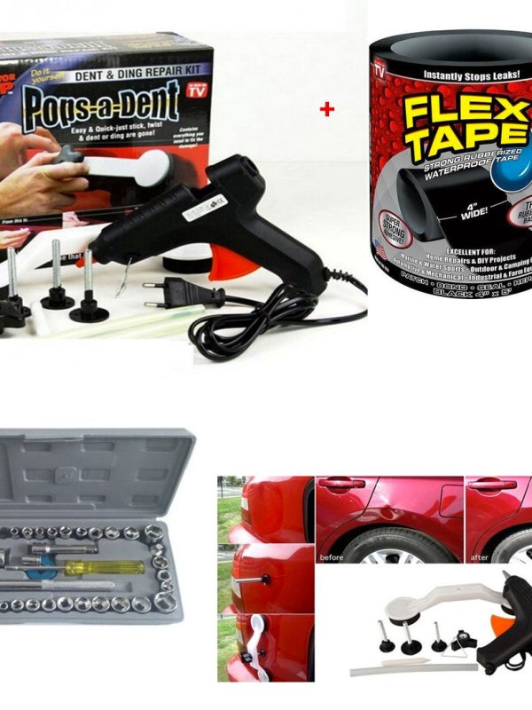 Kit Reparatii auto POPS A DENT pentru indreptarea caroseriei + Banda adeziva Flex Tape + Trusa 40 de chei tubulare!
