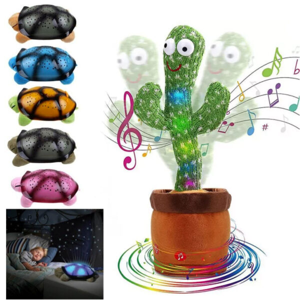 Proiector broasca testoasa cu lumini si muzica + Jucarie interactiva Cactus, danseaza, vorbeste, repeta ce spune copilul!