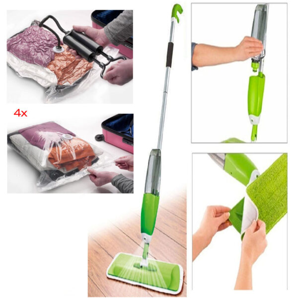 Mop cu pulverizator 2 in 1 + Set 4 Saci vacuum, 50x60cm pentru vidat haine
