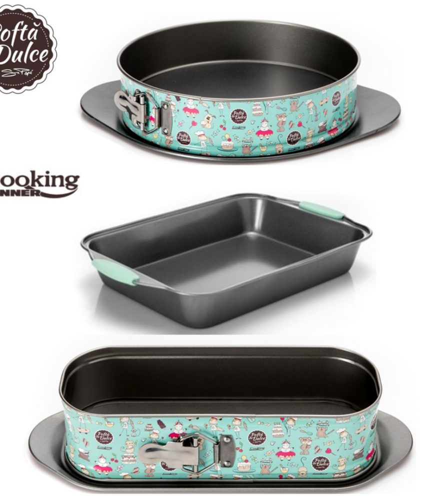 Pofta de dulce! Set complet Heinner: Tava de copt 35x23x5 cm + Tava de copt rotunda, cu baza detasabila, 31x12x8cm + Tava de chec/cozonac cu baza detasabila 28x7cm, Colectia Simona Pope
