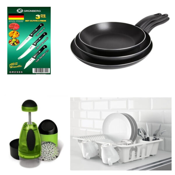 Set 3 Tigai otel carbon Teflonat + Suport vase tip ratan + Set 3 cutite inox + CADOU chopper de bucatarie!
