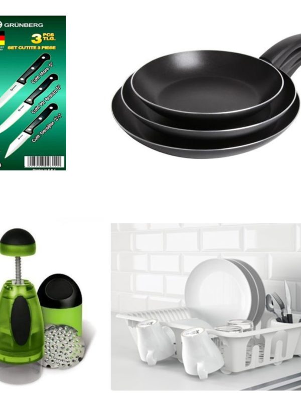 Set 3 Tigai otel carbon Teflonat + Suport vase tip ratan + Set 3 cutite inox + CADOU chopper de bucatarie!