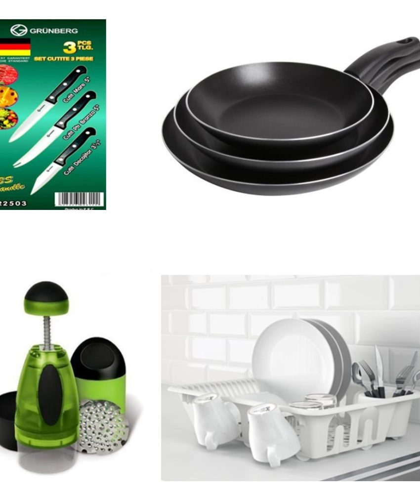 Set 3 Tigai otel carbon Teflonat + Suport vase tip ratan + Set 3 cutite inox + CADOU chopper de bucatarie!