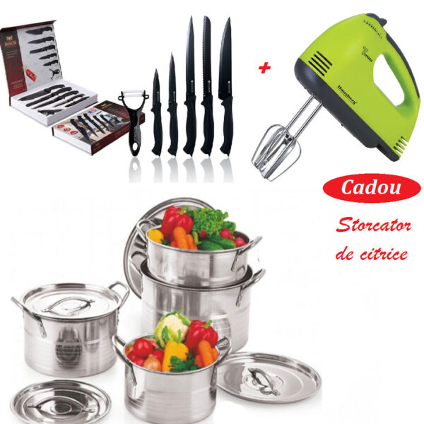 Set 4 Oale Inox Cu Capac Stock Pot 4l, 5l, 8l, 10l Cu Manere De Prindere+ Mixer electric 7 viteze + Set 6 cutite la cutie + Cadou storcator de citrice!