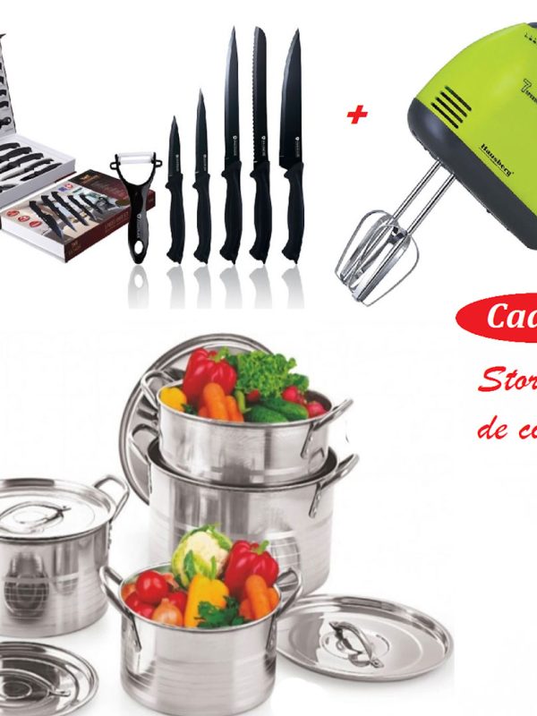 Set 4 Oale Inox Cu Capac Stock Pot 4l, 5l, 8l, 10l Cu Manere De Prindere+ Mixer electric 7 viteze + Set 6 cutite la cutie + Cadou storcator de citrice!