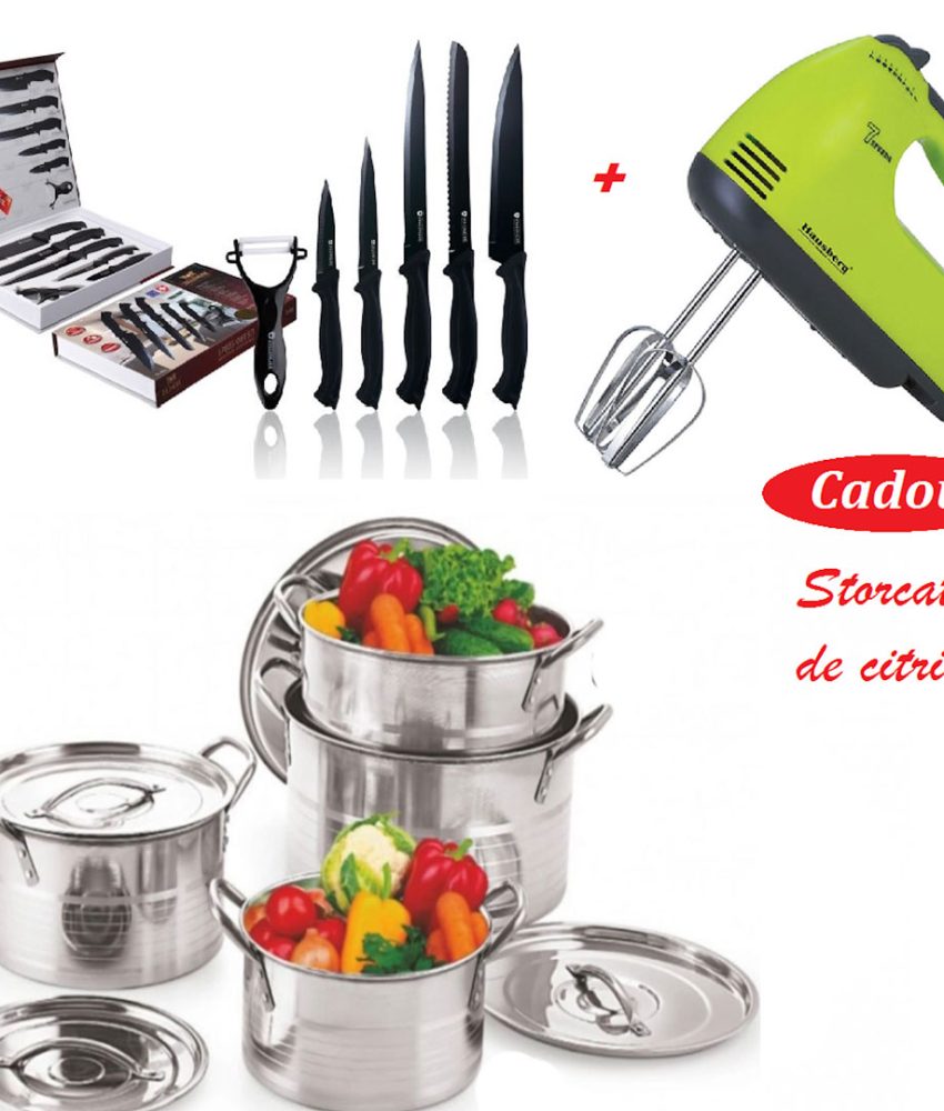 Set 4 Oale Inox Cu Capac Stock Pot 4l, 5l, 8l, 10l Cu Manere De Prindere+ Mixer electric 7 viteze + Set 6 cutite la cutie + Cadou storcator de citrice!