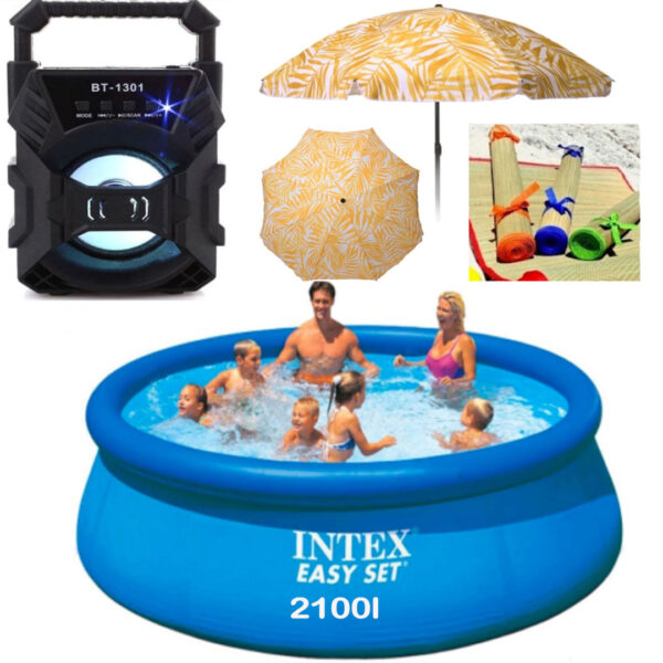 Piscina gonflabila, rotunda, BestWay FastSet, 244 x 61 cm, 1880 L+ Umbrela de plaja, 1,5m + Rogojina de plaja din bambus + Cadou Boxa bluetooth, Flesh Light!