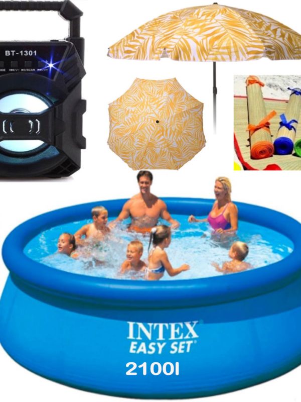 Piscina gonflabila, rotunda, BestWay FastSet, 244 x 61 cm, 1880 L+ Umbrela de plaja, 1,5m + Rogojina de plaja din bambus + Cadou Boxa bluetooth, Flesh Light!