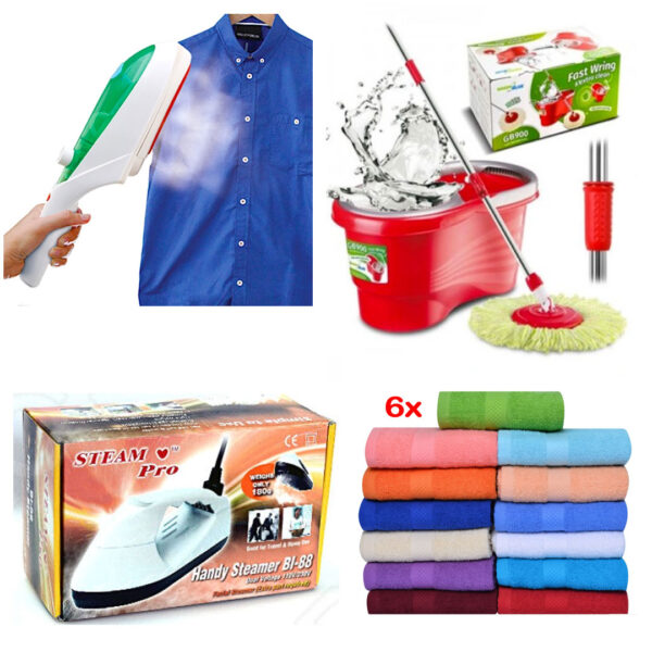 Pachet Luxury cu Mega Reducere! Fier de calcat cu aburi, vertical, Handy Steamer Pro + Mop cu Sistem rotativ inteligent + Set 6 prosoape bumbac 100%, diferite culori, 50x90cm