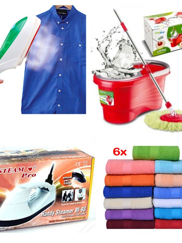 Pachet Luxury cu Mega Reducere! Fier de calcat cu aburi, vertical, Handy Steamer Pro + Mop cu Sistem rotativ inteligent + Set 6 prosoape bumbac 100%, diferite culori, 50x90cm