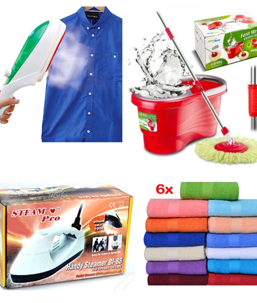 Pachet Luxury cu Mega Reducere! Fier de calcat cu aburi, vertical, Handy Steamer Pro + Mop cu Sistem rotativ inteligent + Set 6 prosoape bumbac 100%, diferite culori, 50x90cm