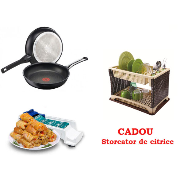 Set 2 tigai Teflon, non-stick + Aparat profesional de facut sarmale + Suport de vase etajat tip ratan + CADOU 1 Storcator de citrice!