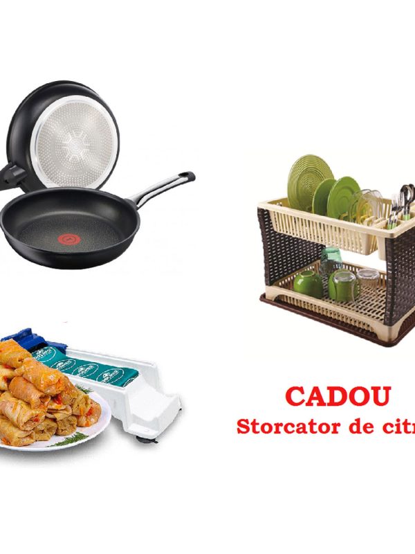 Set 2 tigai Teflon, non-stick + Aparat profesional de facut sarmale + Suport de vase etajat tip ratan + CADOU 1 Storcator de citrice!