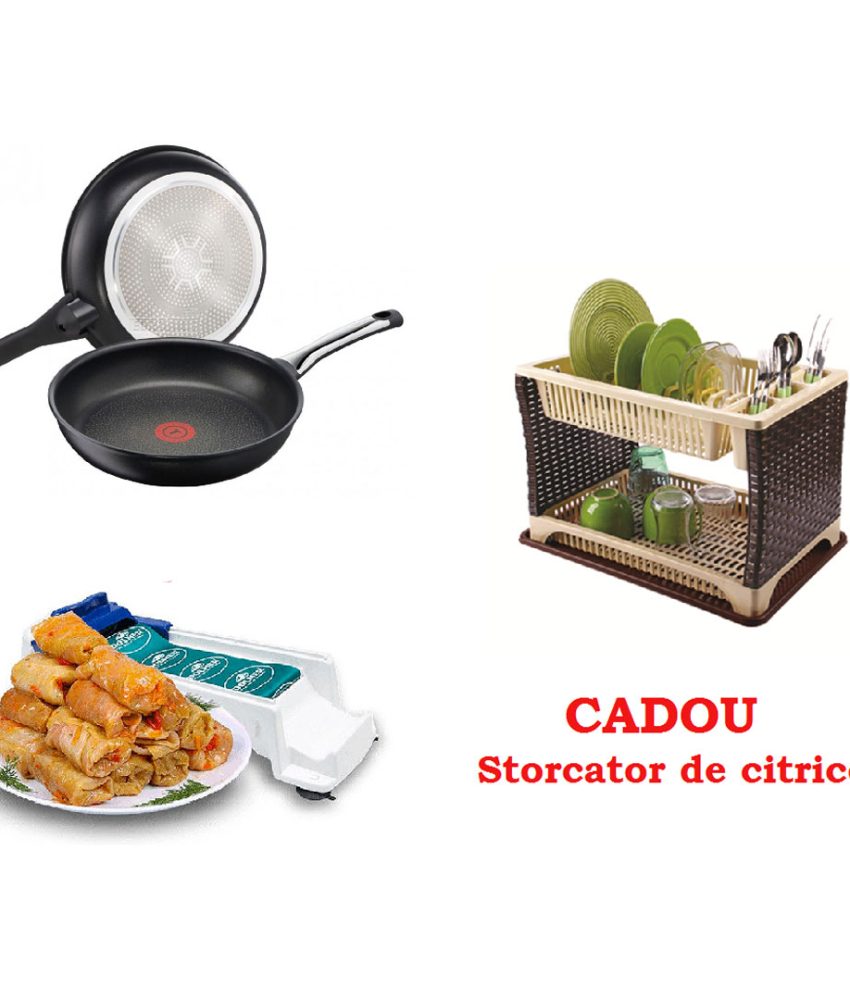 Set 2 tigai Teflon, non-stick + Aparat profesional de facut sarmale + Suport de vase etajat tip ratan + CADOU 1 Storcator de citrice!