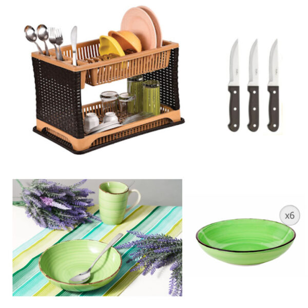 Suport de vase etajat, model ratan + Set 6 Farfurii adanci, ceramica, GALA + CADOU un Set 3 Cutite Inox!