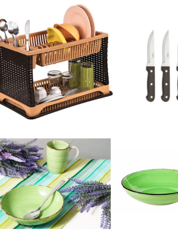 Suport de vase etajat, model ratan + Set 6 Farfurii adanci, ceramica, GALA + CADOU un Set 3 Cutite Inox!