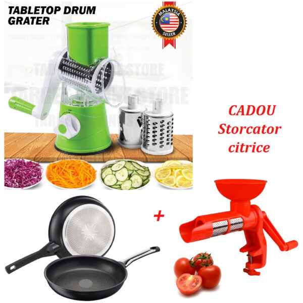 Razatoarea inovativa Tabletop Drum Grater cu 3 lame interschimbabile + 2 Tigai Premium teflon + Aparat de tocat rosii + Cadou storcator de citrice!
