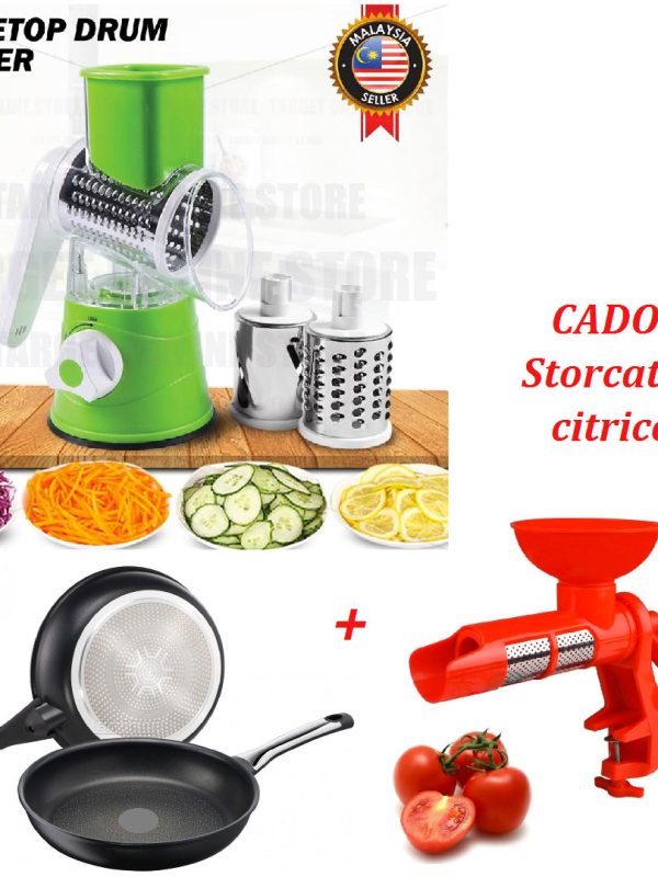 Razatoarea inovativa Tabletop Drum Grater cu 3 lame interschimbabile + 2 Tigai Premium teflon + Aparat de tocat rosii + Cadou storcator de citrice!