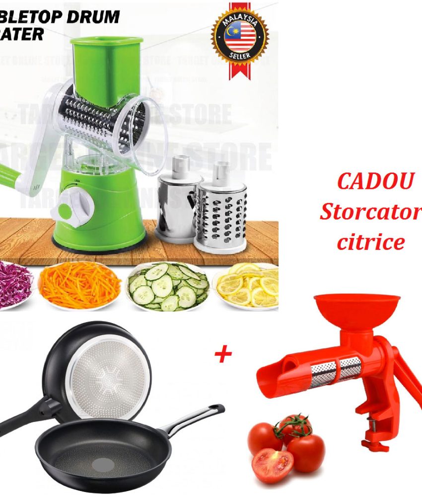 Razatoarea inovativa Tabletop Drum Grater cu 3 lame interschimbabile + 2 Tigai Premium teflon + Aparat de tocat rosii + Cadou storcator de citrice!