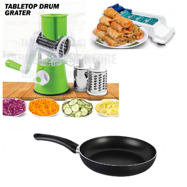 Razatoare Tabletop Drum cu 3 lame interschimbabile din inox + Tigaie teflon + Aparat profesional de rulat sarmale