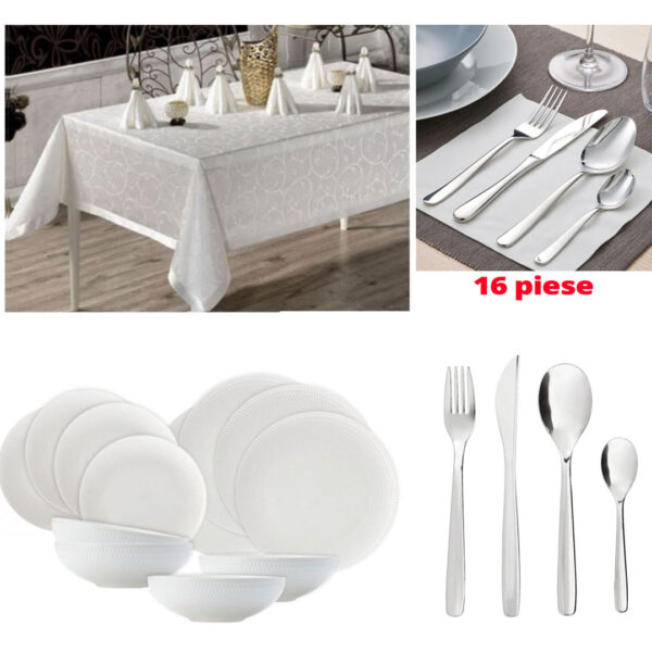 Set 12 Farfurii opal, alb + Set 16 Tacamuri inox + Cadou Fata de masa alba, model clasic, pentru 6 persoane!