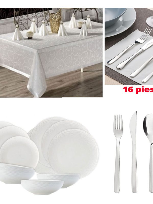 Set 12 Farfurii opal, alb + Set 16 Tacamuri inox + Cadou Fata de masa alba, model clasic, pentru 6 persoane!