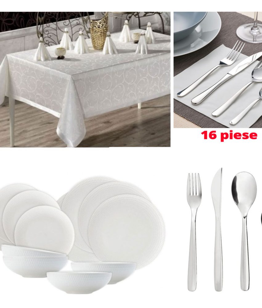Set 12 Farfurii opal, alb + Set 16 Tacamuri inox + Cadou Fata de masa alba, model clasic, pentru 6 persoane!