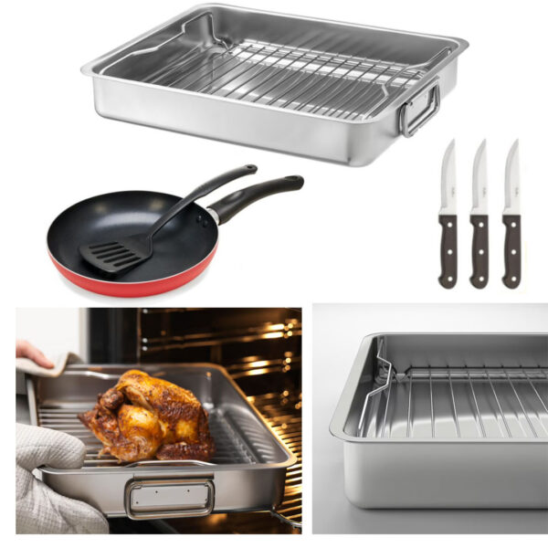 Tava cu gratar inox 40x32x6,5cm + Tigaie aluminiu teflonat + CADOU Set 3 cutite inox